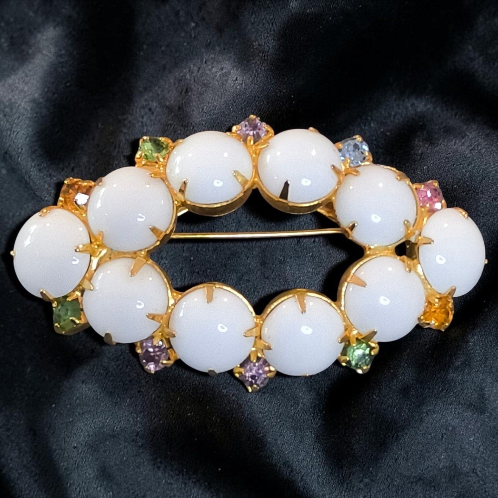 Vintage Milk Glass Rhinestone Brooch Multicolor Prong Set Gold Tone Mid Century